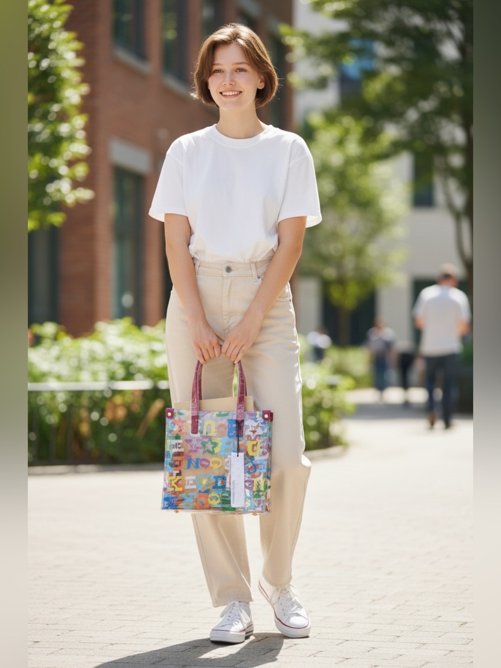 Dooney & Bourke Clear Multicolor Letter-Print “Doodle” Tote w/Pink Handles (NWT) - Picture 3 of 12